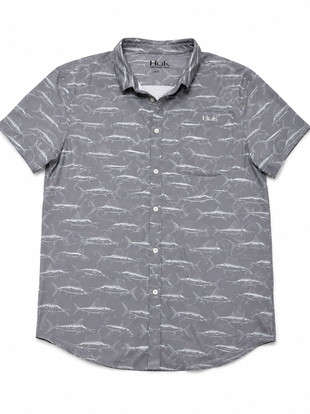 Huk Gray Short-Sleeve Button-Down with Marlin Print
